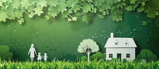 Poster - Paper cut of family with house and tree on fresh spring green grass. with copy space image. Place for adding text or design