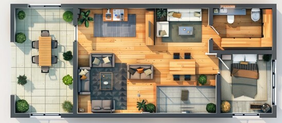 Poster - Home designer. Furniture elements. Floor plan in top view. Detailed floor plan with interior design. Floorplan top. with copy space image. Place for adding text or design