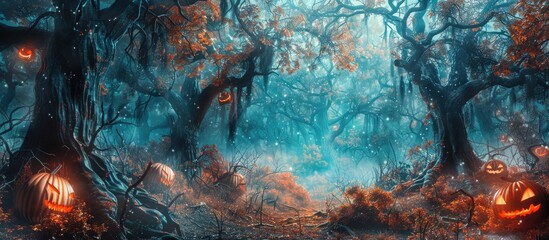 Poster - Halloween background. Spooky forest with dead trees and pumpkins.Halloween design with pumpkins. Copy space image. Place for adding text or design