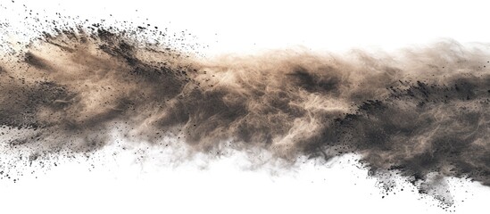 Poster - Brown black dust powder explosion. The texture is abstract and splashes float. on a white background. with copy space image. Place for adding text or design