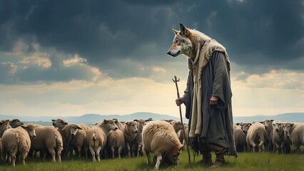 Wolf with human body as a shepherd grazing sheep in the field. Concept of pretense, deceptive appearance. disguise, harmony, mask, predator, wolf, appearance, camouflage, deception, pasture, prey, she