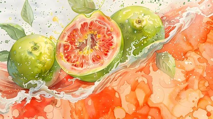 Wall Mural - Fresh guava fruits on a wave of juice, watercolor hand drawn illustration. 