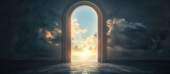 Aufkleber - Door to Heaven. Arched passage open to heaven`s sky. Light at end of the tunnel. Hope metaphor. Copy space image. Place for adding text or design