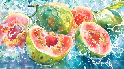 Wall Mural - Fresh guava fruits on a wave of juice, watercolor hand drawn illustration. 