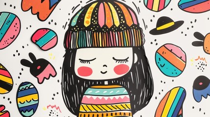 Wall Mural - A drawing of a girl wearing a knitted hat
