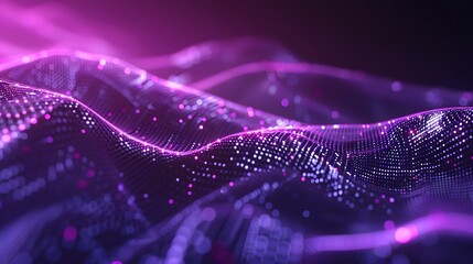 Poster - Purple-colored particles form a wave flowing with lines and dots connecting, creating a digital cyberspace with a futuristic feel, representing abstract technology blockchain network concepts