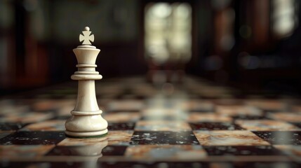 A white queen chess piece standing out on the board wide angle lens