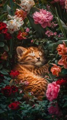 Wall Mural - A cat laying in a bed of flowers