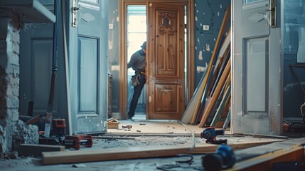 Poster - Workers carefully install a new door, with old and new doors visible and tools scattered around. Generative AI