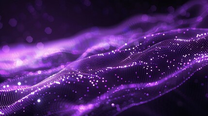 Poster - Purple-colored particles form a wave flowing with lines and dots connecting, creating a digital cyberspace with a futuristic feel, representing abstract technology blockchain network concepts