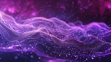 Poster - Purple-colored particles form a wave flowing with lines and dots connecting, creating a digital cyberspace with a futuristic feel, representing abstract technology blockchain network concepts
