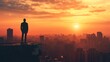 © HM Design - A man standing on a high-rise building at dawn, gazing at the first light of the day illuminating the city below