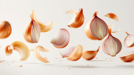 Wall Mural - Sliced Onions Hovering on White Background