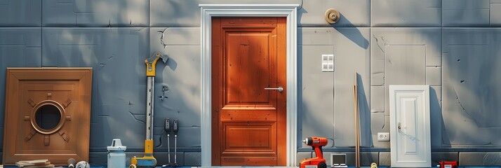 Aufkleber - A new door is being installed, with the old door and tools scattered around the work area. Generative AI