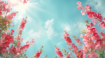 Wall Mural - summer flower background, snapdragon flowers frame in bright and shiny sky background