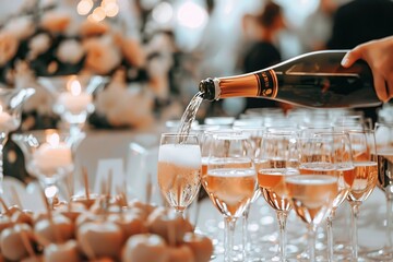 Party and holiday celebration concept. Many glasses of champagne on the table in the restaurant. Waiter pouring white sparkling wine from bottle to glass. Drinks Serving. Weekend festival, wedding