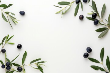Artistic Arrangement of Fresh Green Olives and Olive Branches on a White Background