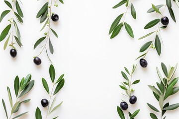 Artistic Arrangement of Fresh Green Olives and Olive Branches on a White Background