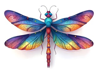 Wall Mural - Vibrant Cartoon Dragonfly with Colorful Patterned Wings  on White Background