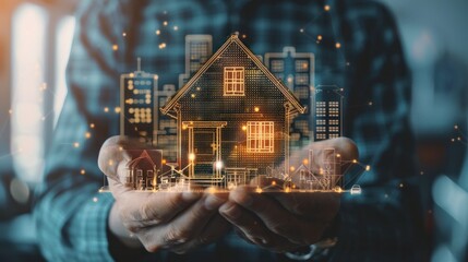 Businessman holding a digital house model with a city background wide angle lens