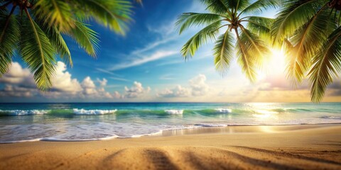 Wall Mural - Blurred tropical beach background with palm trees, sand, and ocean waves, tropical, beach, background, blurred, palm trees, sand