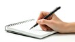 © ปฏิภาน ผดุงรัตน์ - Close up of a woman's hand writing in a notebook with a pen on a white background. wide angle lens