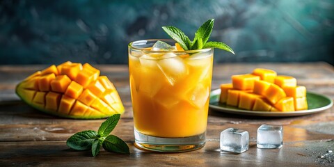 Poster - Refreshing mango juice in a clear glass with ice cubes and a slice of mango on the rim, delicious, healthy, tropical, fruit, beverage