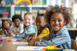 © Running opossum - Happy african american schoolgirl is smiling while drawing with her classmates in kindergarten
