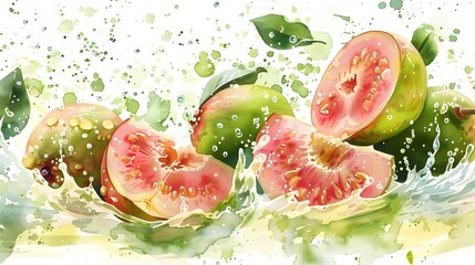 Canvas Print - Fresh guava fruits on a wave of juice, watercolor hand drawn illustration. 