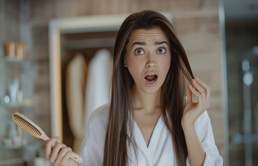 Sticker - A woman in her thirties with brown hair, wearing white pajamas and holding a hairbrush while looking at the camera shows off falling out hairs