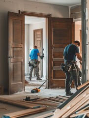 Poster - Two workers carefully install a new door in a modern home, displaying their expertise. Tools and materials scattered about show ongoing renovations. Generative AI