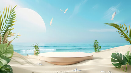 Wall Mural - 3D summer beach podium with sand, serving as a display platform against a sea background