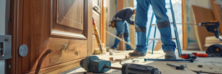 A professional contractor installs a new door in a residential home, with the old door still visible. Generative AI