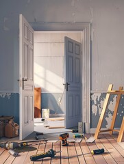 Poster - A professional door installation in progress, with tools scattered on the floor around the new door. The old door is still in place, partially open. Generative AI