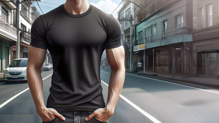 Man model shirt mockup. Man wearing a black t-shirt on the street in daylight. T-shirt mockup template on hipster adult for design print. Male guy wearing casual t-shirt mockup placement