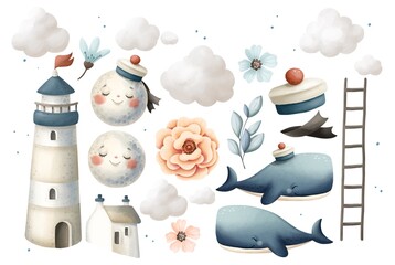 Watercolor clip art in marine style with blue whale, lighthouse and moon in clouds and flowers. Illustration is perfect for design and printed products. JPG image format 300 dpi.