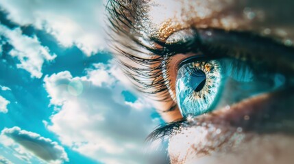 Human eye amidst sky and clouds, reflecting the healing of eye movement desensitization reprocessing therapy. wide angle lens