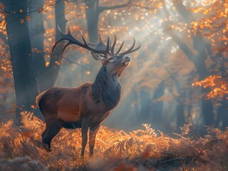 Wall Mural - Majestic Stag Standing Amidst Misty Autumn Forest Illuminated by Sunlight