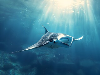 Poster - Graceful Manta Ray Gliding Through the Serene Underwater Ocean Scenery