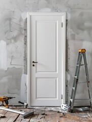 Poster - A new white door is being installed, with tools like a drill and screws scattered around the floor. The old door is visible in the background. Generative AI