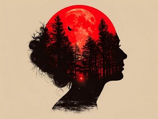 Wall Mural - surreal double exposure of a woman's silhouette with a red moon and forest landscape