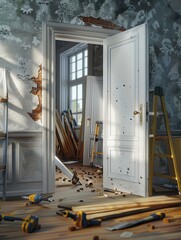Poster - Workers install a new door in a room, tools and materials are scattered around, sunlight shines in through the windows. Generative AI