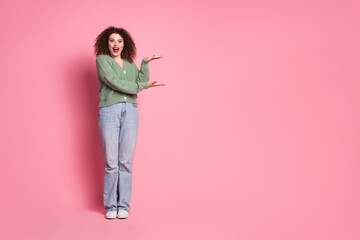 Wall Mural - Photo of excited lovely adorable woman wear trendy khaki clothes hold empty space isolated on pink color background
