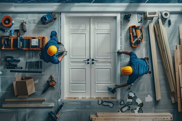 Aufkleber - Two skilled workers meticulously install a new double door, showcasing their expertise and dedication to quality craftsmanship. Generative AI