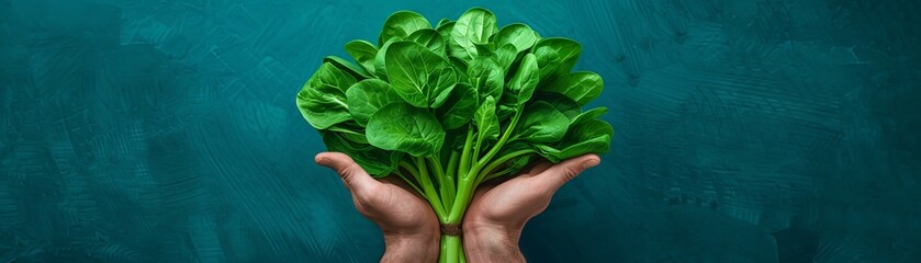 Wall Mural - Hands holding fresh green spinach leaves isolated on teal background. Healthy organic vegetable concept.