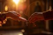 © Straxer - Hand giving to another hand a pendant with cross symbol in church with flash. Horizontal composition