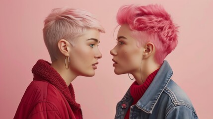 Wall Mural - Two Women With Pink Hair Facing Each Other