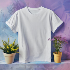 Wall Mural - White realistic T shirt mockup design on colorful modern background