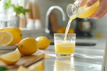 Wall Mural - Hands filling glass with freshly squeezed lemon juice on the kitchen bench. Front view.Horizontal composition.