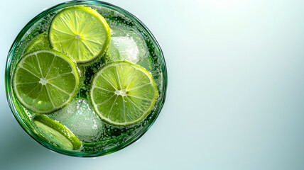 Wall Mural - Glass of iced lime cocktail with mint, top view.
